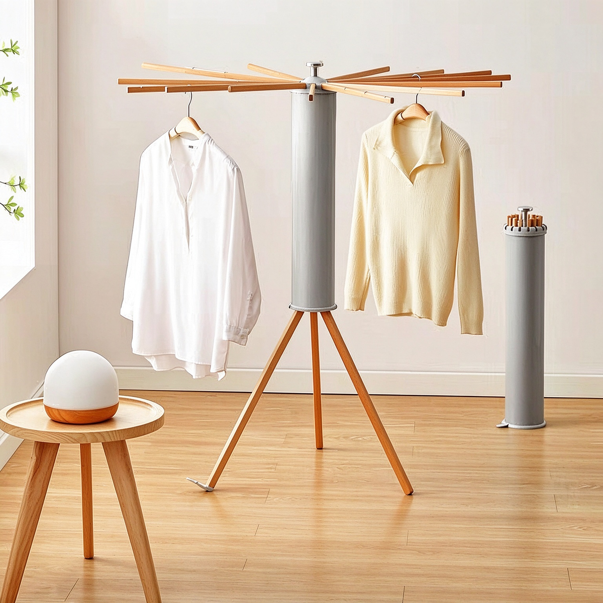 Foldable Rotary Clothes Drying Rack - Solid Wood