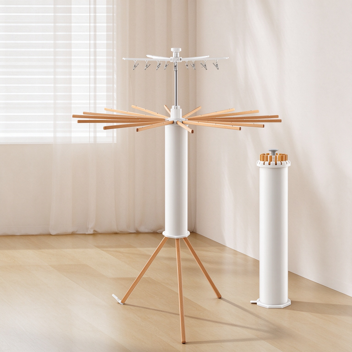 Foldable Rotary Clothes Drying Rack - Solid Wood