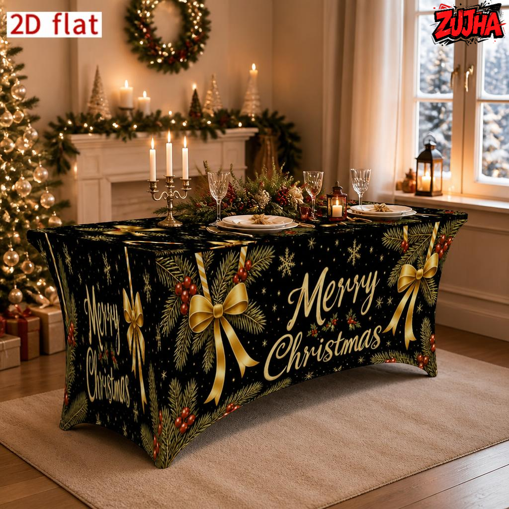 Full Fitted Elastic Christmas Table Cover, Black Polyester Tablecloth, Luxury Gold Bow, Pine Branch, Red Berry & Snowflake Print, Winter Xmas Dinner Party Dining Table Decor