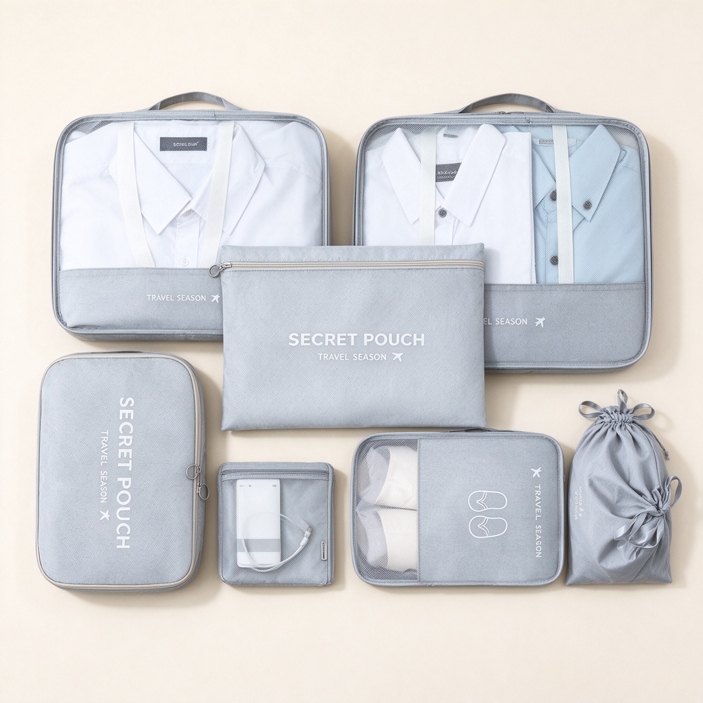 Twill 7-Piece Travel Packing Organizer Set
