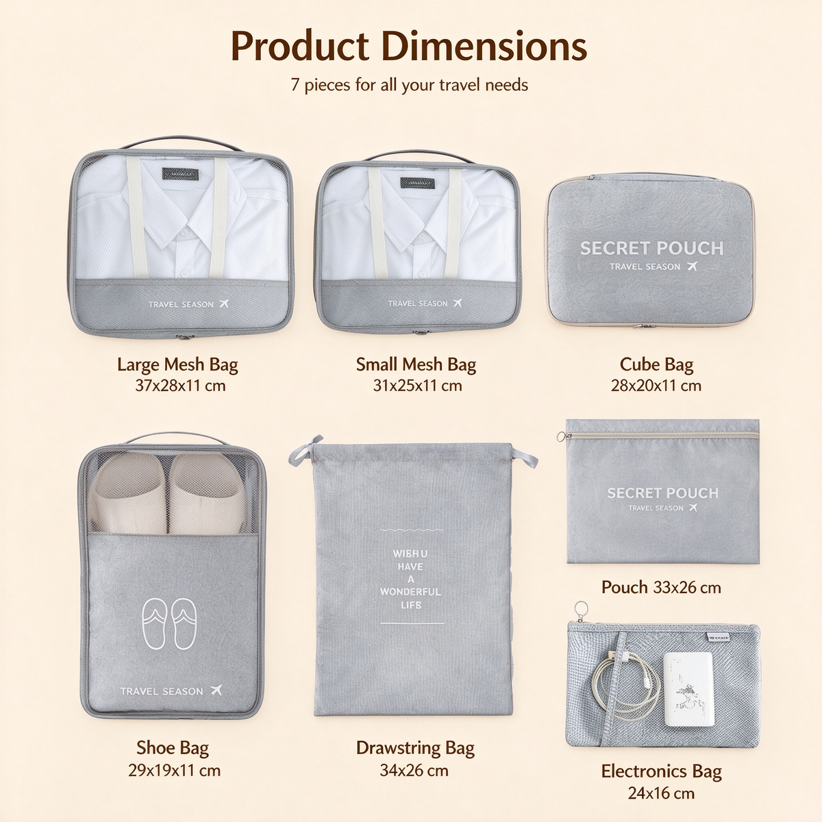 Twill 7-Piece Travel Packing Organizer Set