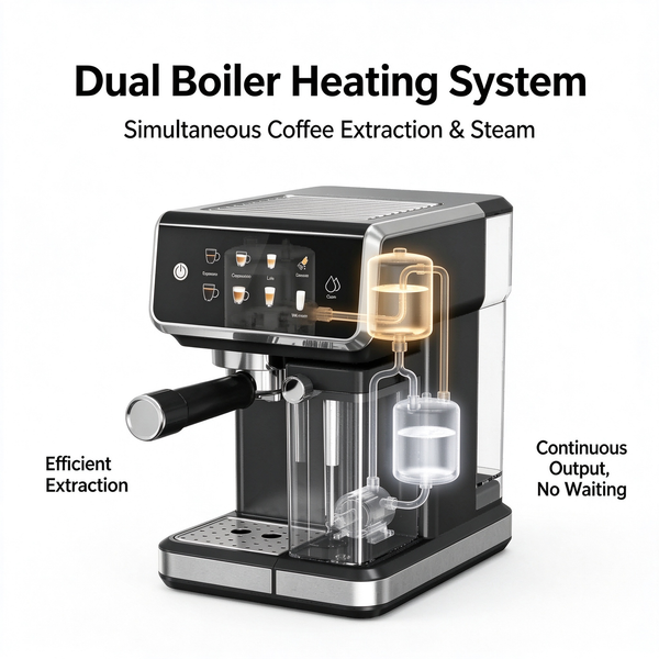 Semi-Automatic Espresso Machine, Dual Boiler Home Coffee Maker with Steam Wand for Milk Frothing, High Pressure Extraction, EU Customization Available