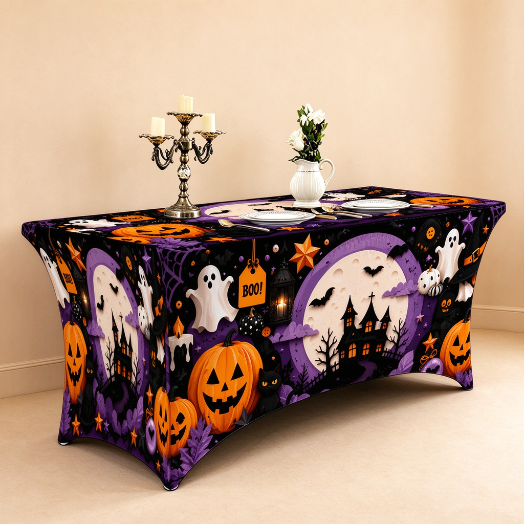 1pc Elastic 2D Flat Full Wrap Rectangular Table Cover - Halloween Boo Decoration for Spooky Parties