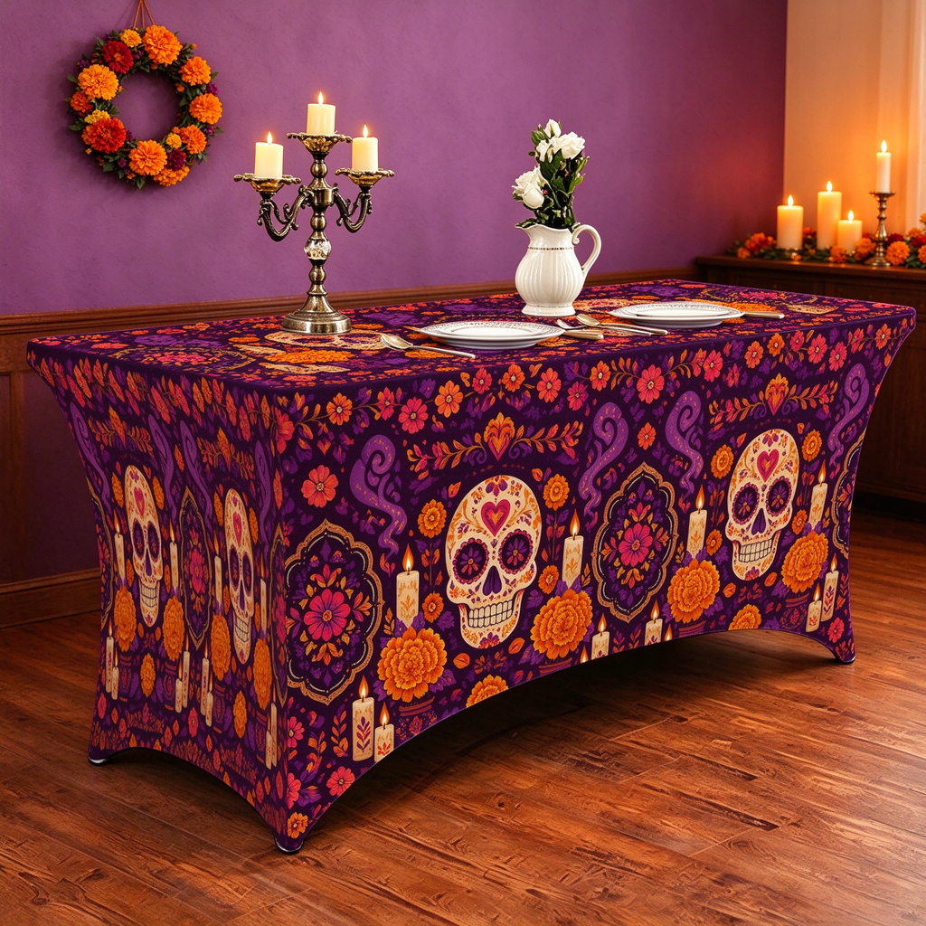 Day of the Dead Elastic Fitted Table Cover, Sugar Skull Marigold Floral Print Stretch Tablecloth for Día de los Muertos Party Decor