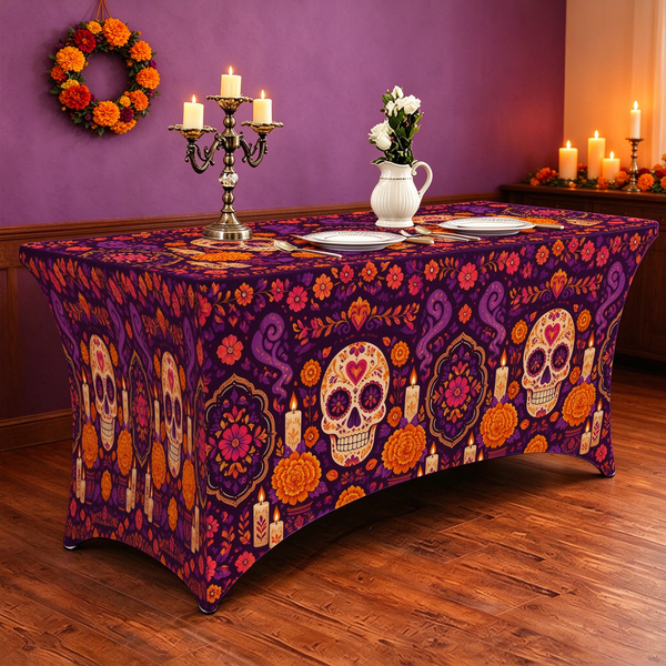 Day of the Dead Elastic Fitted Table Cover, Sugar Skull Marigold Floral Print Stretch Tablecloth for Día de los Muertos Party Decor