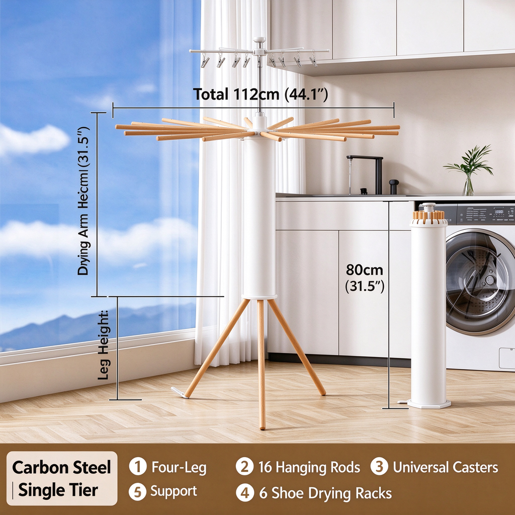 Foldable Rotary Clothes Drying Rack - Solid Wood