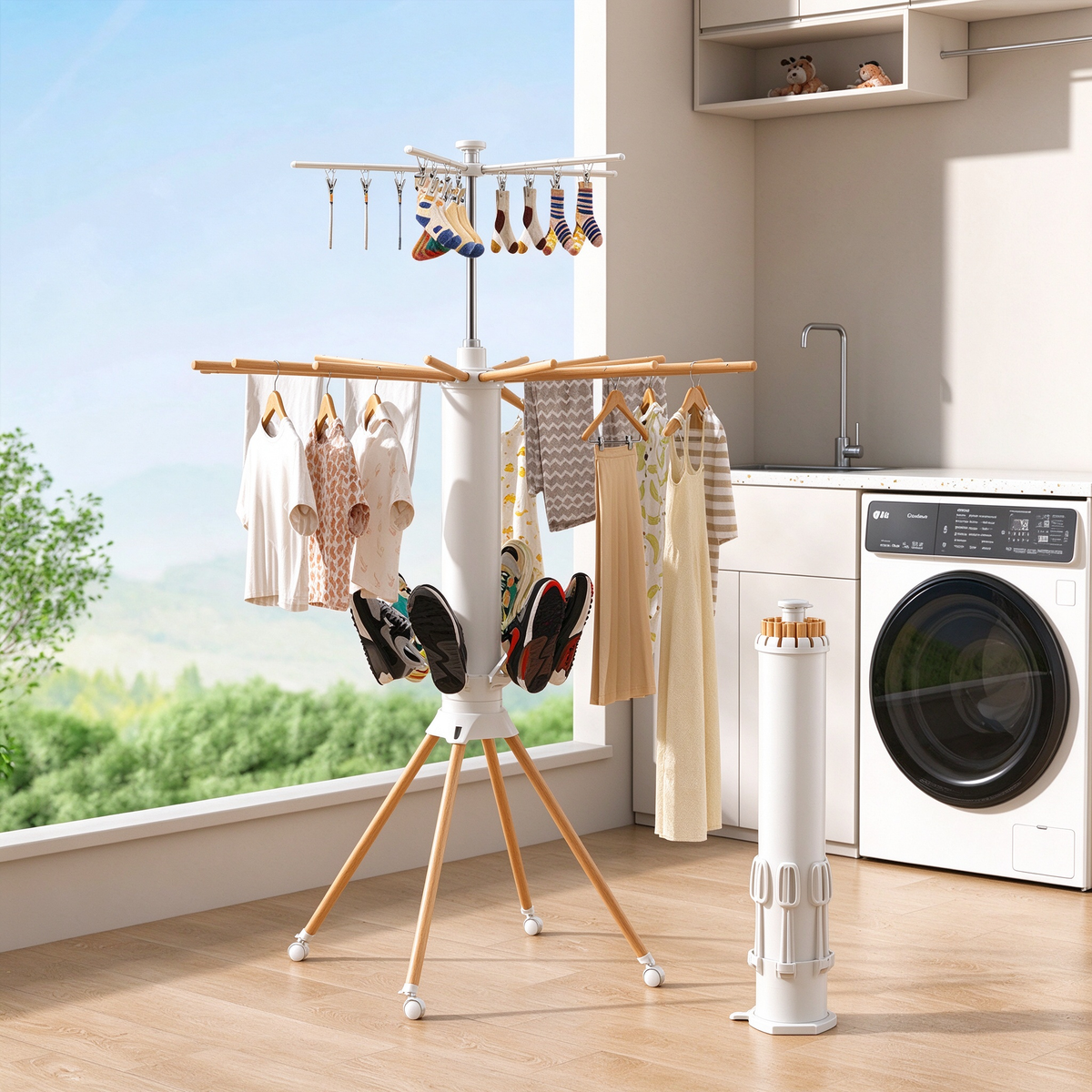 Foldable Rotary Clothes Drying Rack - Solid Wood