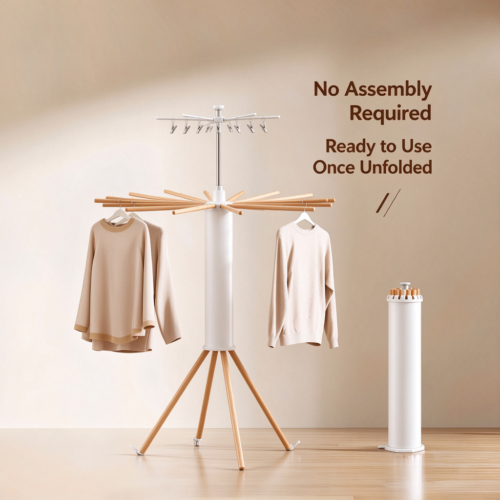 Foldable Rotary Clothes Drying Rack - Solid Wood
