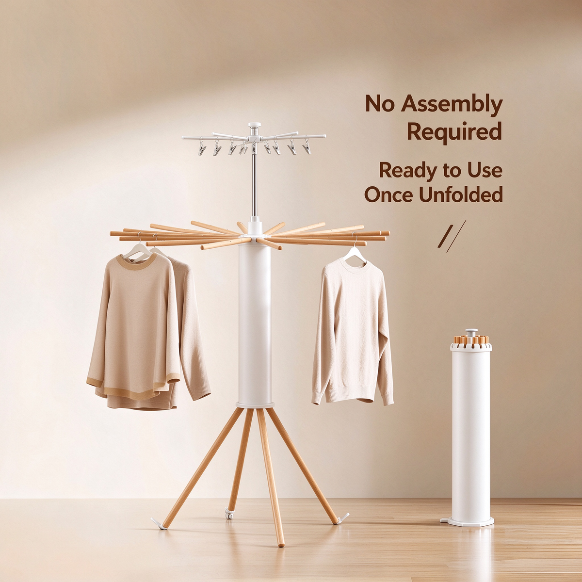Foldable Rotary Clothes Drying Rack - Solid Wood