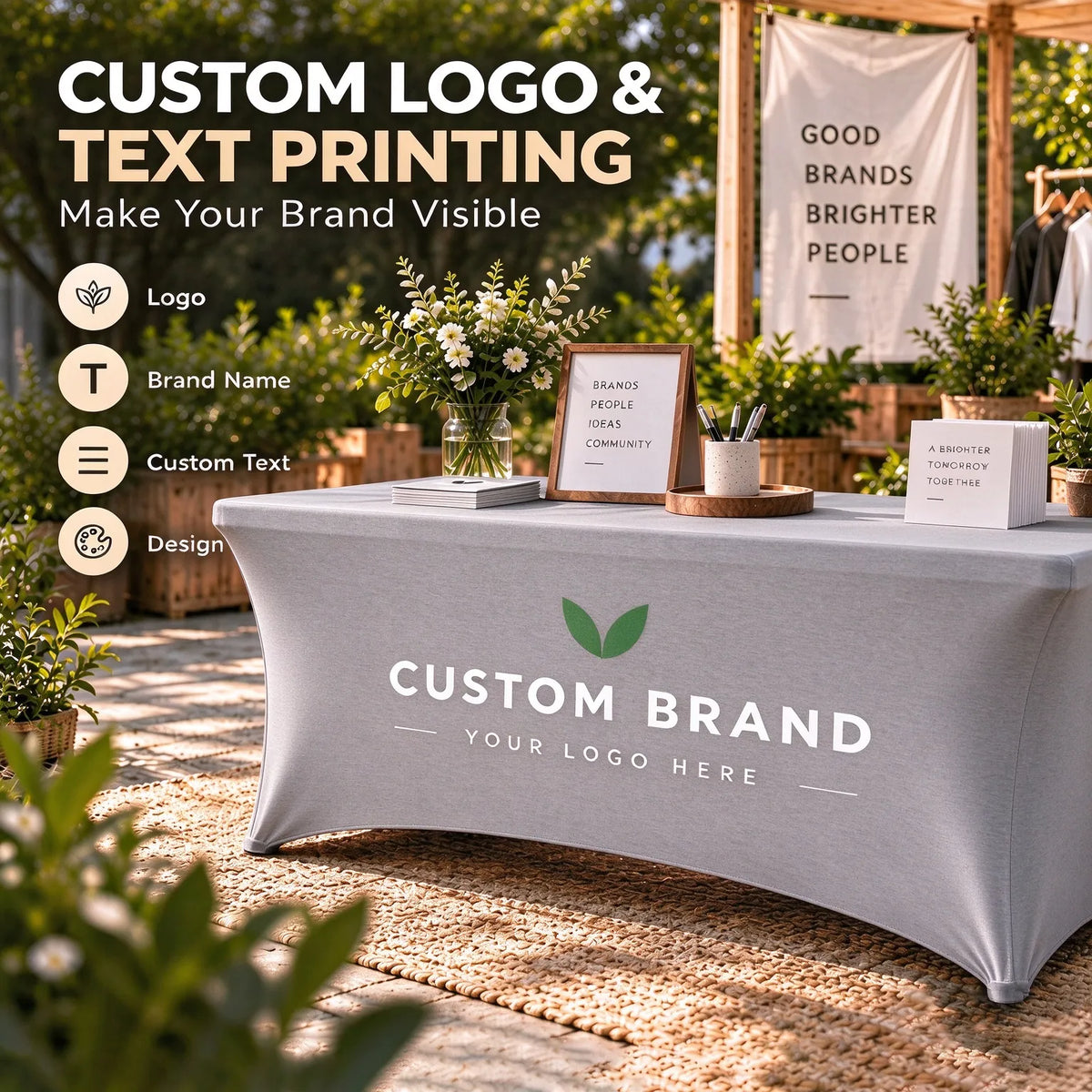 Custom Logo Spandex Table Cover for 6ft & 8ft Rectangular Tables - Personalized Trade Show Tablecloth with Brand Printing for Business Events, Farmers Markets, Exhibitions Main image