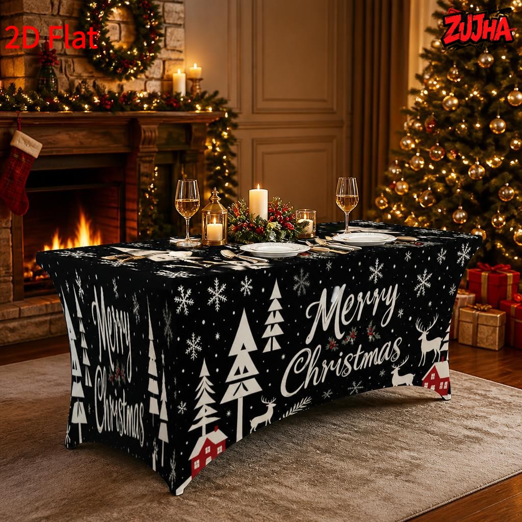 Black Snowy Pine Tree Reindeer Christmas table cover Main image