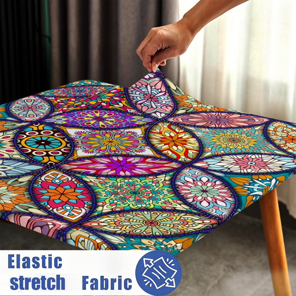 Square Print Table Cover with Elastic Edge