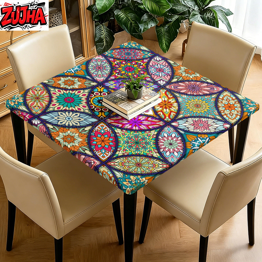 Square Print Table Cover with Elastic Edge