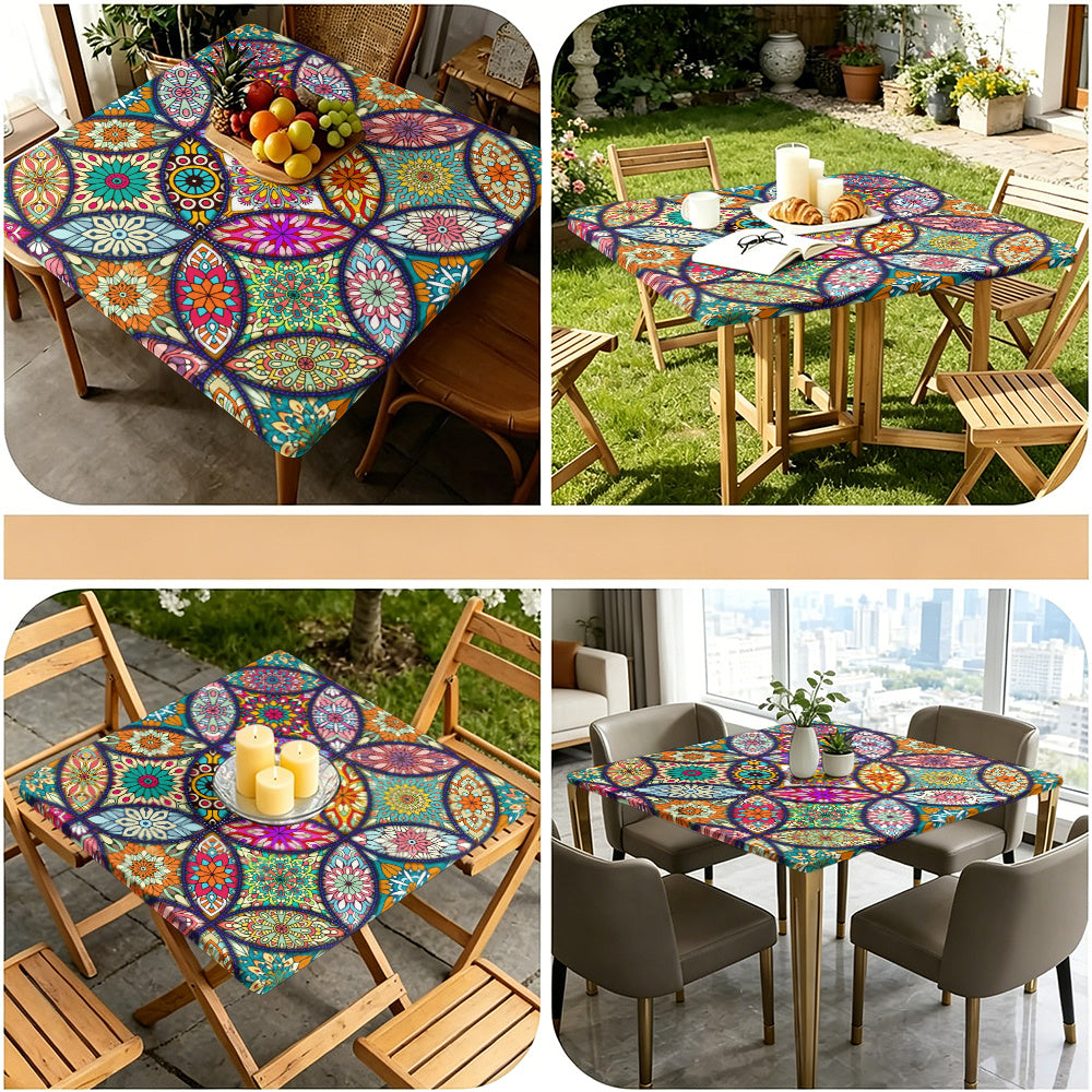 Square Print Table Cover with Elastic Edge