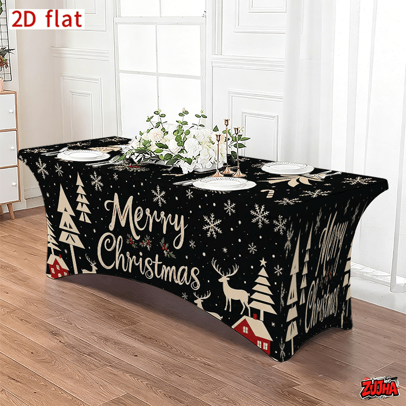 Black Snowy Pine Tree Reindeer Christmas table cover