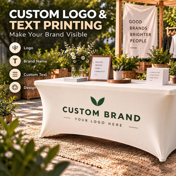 Custom Logo Spandex Table Cover for 6ft & 8ft Rectangular Tables - Personalized Trade Show Tablecloth with Brand Printing for Business Events, Farmers Markets, Exhibitions