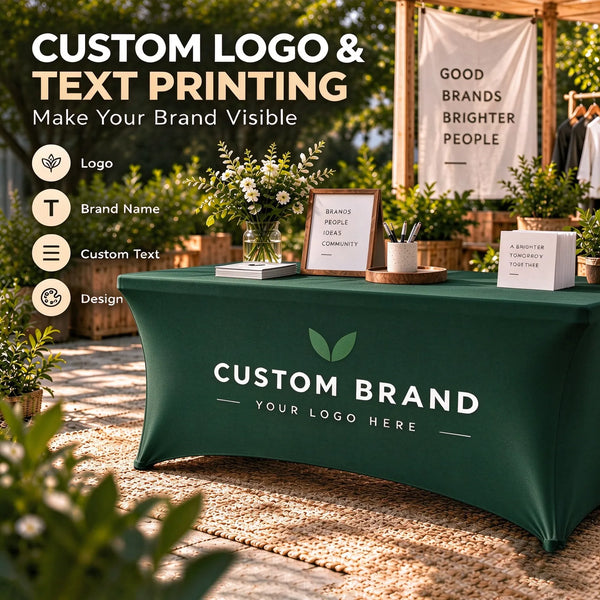 Custom Logo Spandex Table Cover for 6ft & 8ft Rectangular Tables - Personalized Trade Show Tablecloth with Brand Printing for Business Events, Farmers Markets, Exhibitions