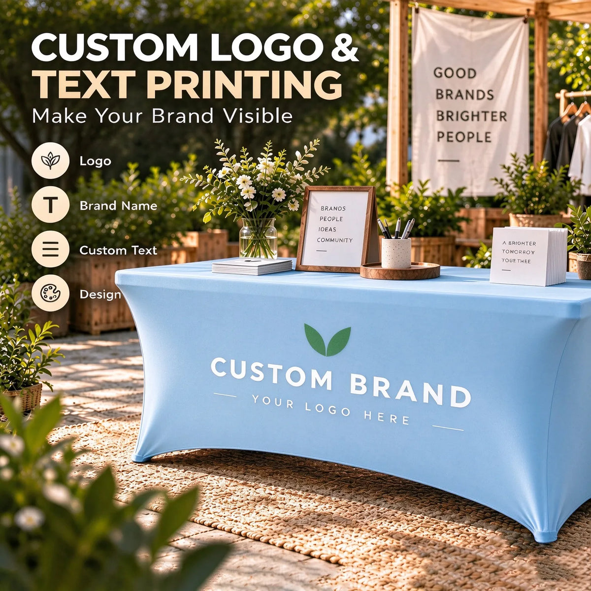 Custom Logo Spandex Table Cover for 6ft & 8ft Rectangular Tables - Personalized Trade Show Tablecloth with Brand Printing for Business Events, Farmers Markets, Exhibitions