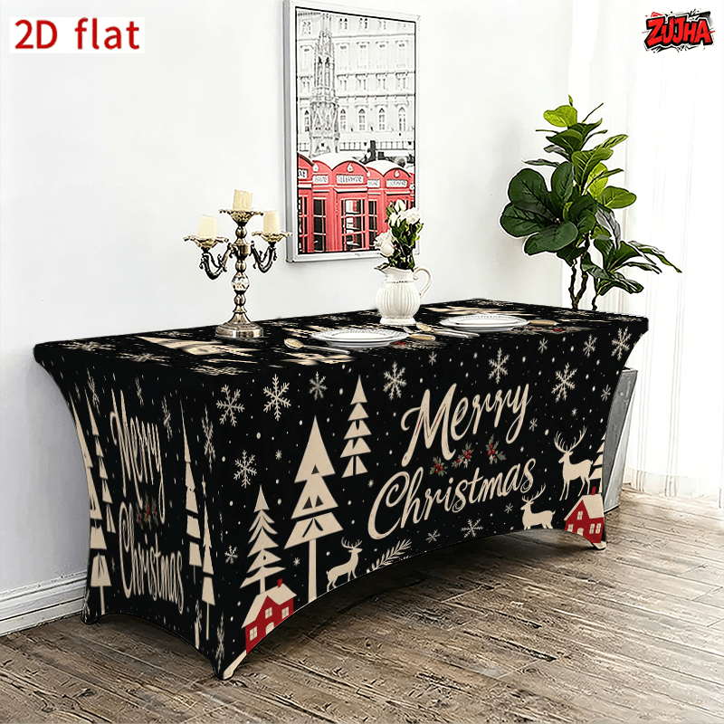 Full Fitted Elastic Christmas Table Cover, Black Merry Christmas Tablecloth with Snowy Pine Trees, Reindeer, Red Cottage & Snowflake Print, Winter Holiday Xmas Party Dining Table Decor Secondary image