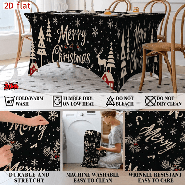 Black Snowy Pine Tree Reindeer Christmas table cover