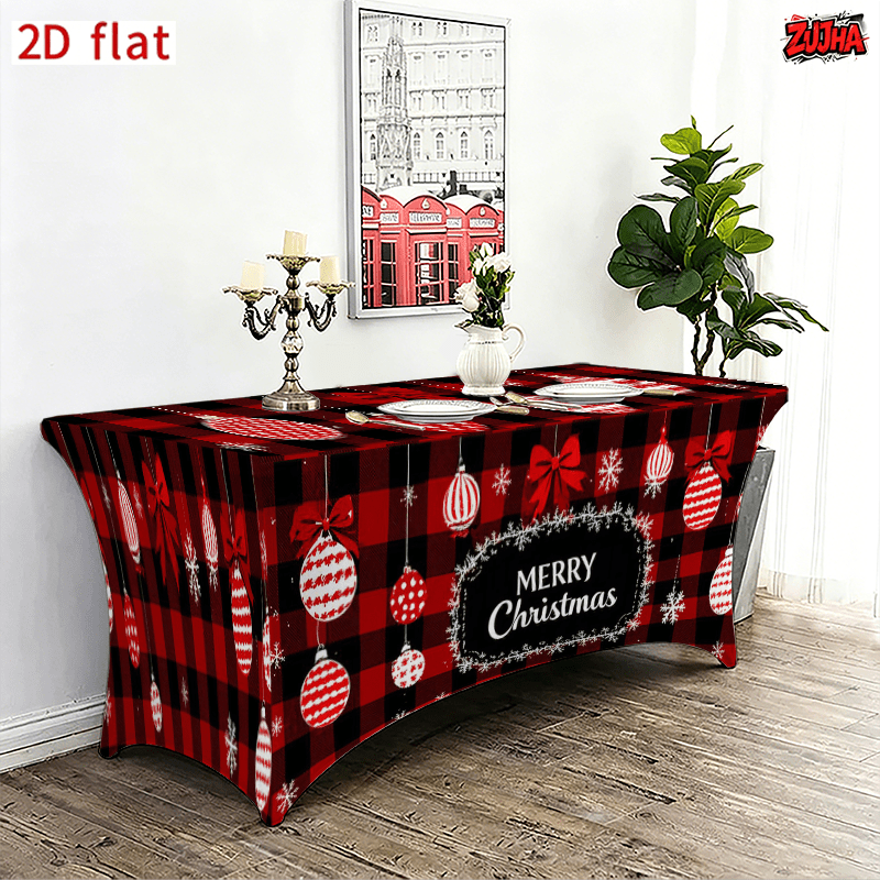 Full Fitted Elastic Christmas Table Cover, Red Black Buffalo Plaid Polyester Tablecloth, Merry Christmas Bauble, Bow & Snowflake Print, Winter Xmas Party Dining Table Decor Secondary image