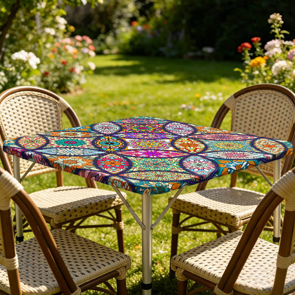 Square Print Table Cover with Elastic Edge