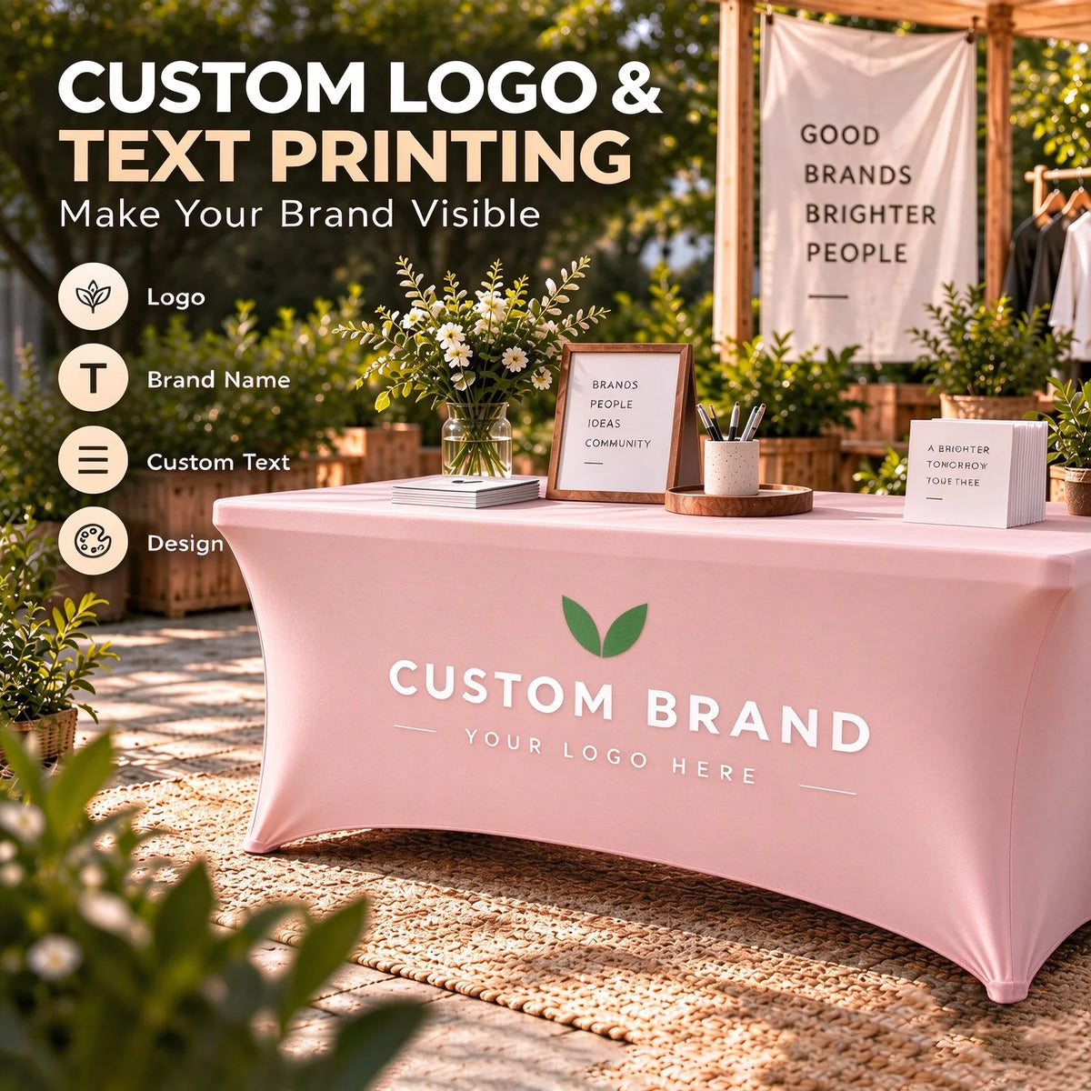 Custom Logo Spandex Table Cover for 6ft & 8ft Rectangular Tables - Personalized Trade Show Tablecloth with Brand Printing for Business Events, Farmers Markets, Exhibitions