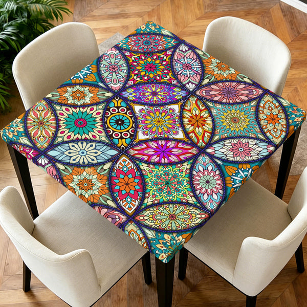 Square Print Table Cover with Elastic Edge